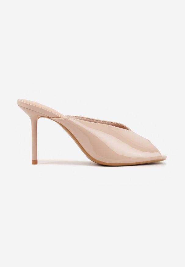 Renee - Beżowe Klapki Peep Toe na Szpilce z Lakierowanym Połyskiem Sharvyra. Nosek buta: otwarty. Kolor: beżowy. Materiał: lakier. Obcas: na szpilce. Wysokość obcasa: średni