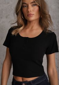 Renee - Czarny Top z Bawełny Ozdobiony Guzikami przy Dekolcie Nediva. Okazja: na co dzień. Kolor: czarny. Materiał: bawełna. Wzór: aplikacja. Styl: casual #2