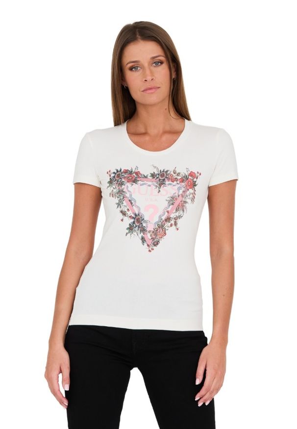 Guess - GUESS Biały damski t-shirt bawełniany z logo, Rozmiar XS. Kolor: biały. Materiał: bawełna. Wzór: nadruk