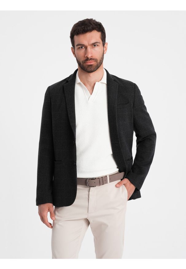 Ombre Clothing - Żakardowa marynarka męska w delikatną kratę - czarna V2 - Rozmiar: S. Kolor: czarny. Materiał: żakard