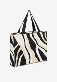 Renee - Beżowa Torebka Shopper w Nieregularne Paski Salinira. Kolor: beżowy. Wzór: paski. Styl: elegancki