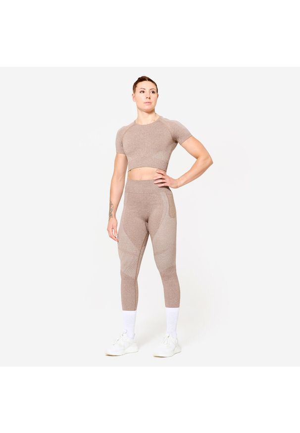DOMYOS - Legginsy fitness damskie Domyos. Stan: podwyższony. Kolor: brązowy. Materiał: materiał, poliamid, elastan. Sport: fitness