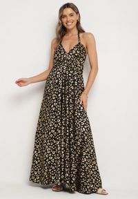 Born2be - Czarna Sukienka z Wiskozy z Odkrytymi Plecami i Metalicznym Nadrukiem w Panterkę Linadea. Typ kołnierza: dekolt w serek. Kolor: czarny. Materiał: wiskoza. Wzór: nadruk, motyw zwierzęcy. Typ sukienki: rozkloszowane #1