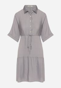 Born2be - Szara Sukienka Koszulowa z Wiskozy z Kołnierzykiem i Wiązaniem Nanieria. Okazja: na co dzień. Kolor: szary. Materiał: wiskoza. Długość rękawa: krótki rękaw. Typ sukienki: koszulowe. Styl: boho, casual #2