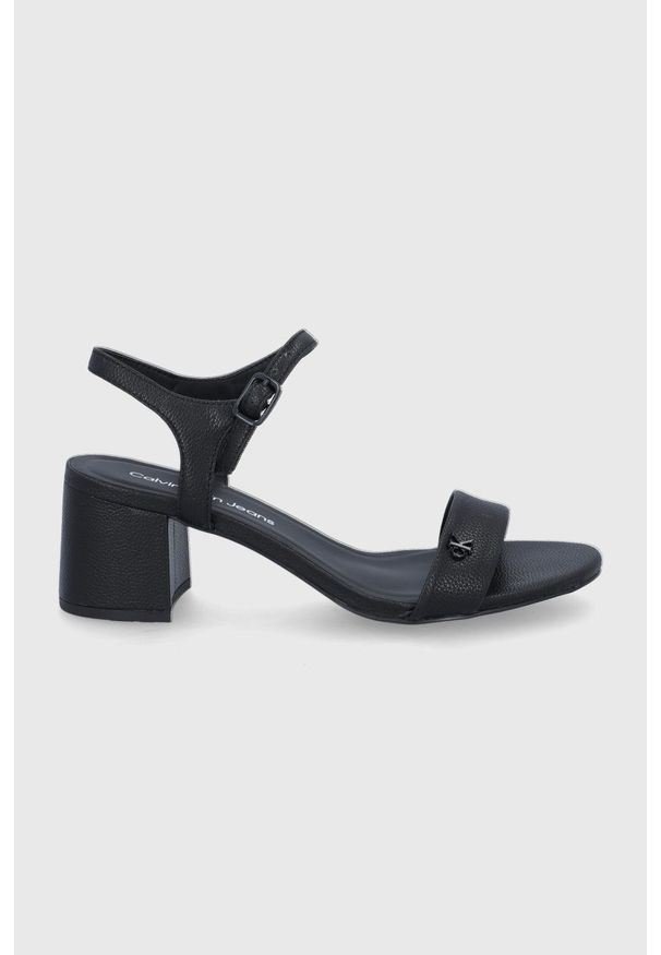 Calvin Klein Jeans sandały skórzane kolor czarny. Zapięcie: klamry. Kolor: czarny. Materiał: skóra. Wzór: gładki. Obcas: na obcasie. Wysokość obcasa: średni