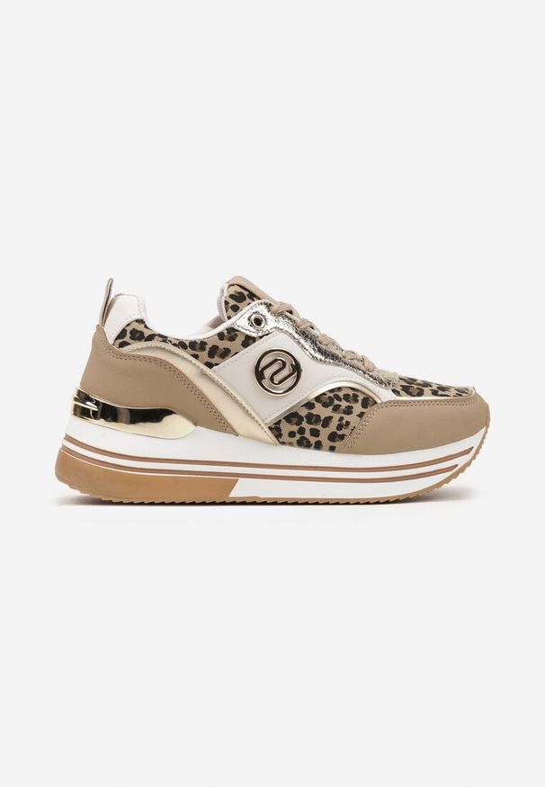 Born2be - Ciemnobeżowe Sneakersy Ozdobione Wzorem w Panterkę na Grubej Podeszwie z Metalicznymi Wstawkami Gonnith. Okazja: na spacer, na co dzień. Kolor: beżowy. Materiał: jeans. Wzór: aplikacja, motyw zwierzęcy. Sezon: jesień, wiosna. Sport: turystyka piesza