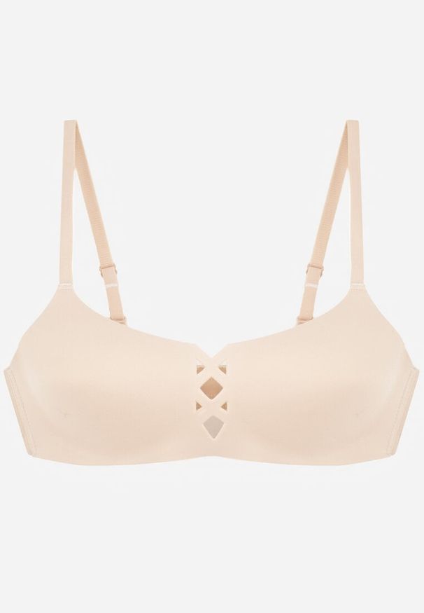 Renee - Beżowy Biustonosz o Gładkim Wykończeniu z Imitacją Wiązania Azisene. Kolor: beżowy. Materiał: koronka. Wzór: gładki