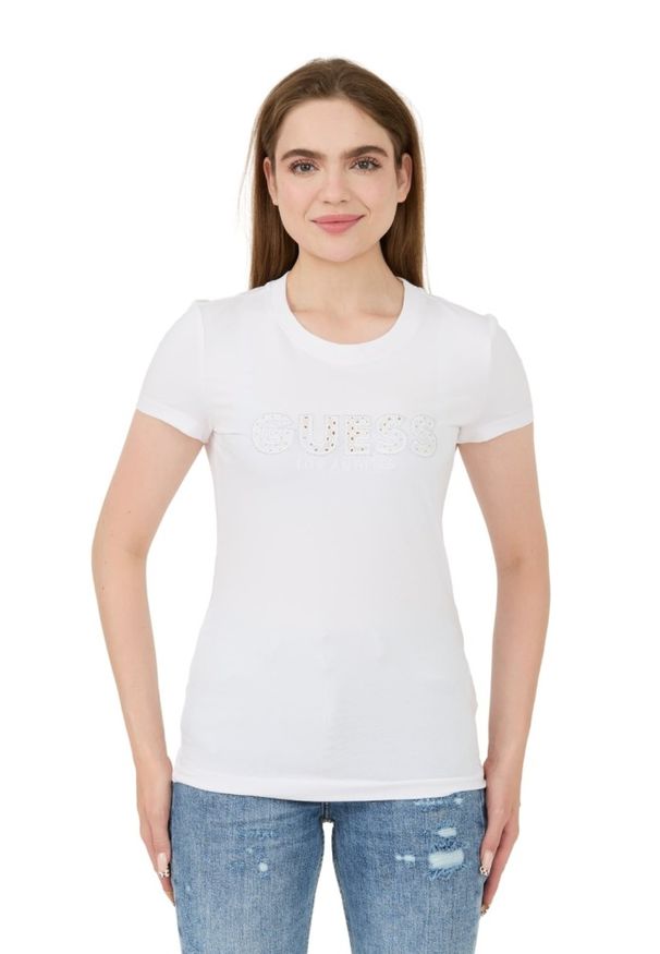 Guess - GUESS Biały damski t-shirt Sangallo Tee, Rozmiar M. Kolor: biały