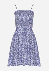 Born2be - Niebieska Bawełniana Sukienka na Regulowanych Ramiączkach z Elastycznym Dekoltem Risetta. Kolor: niebieski. Materiał: bawełna. Długość rękawa: na ramiączkach. Wzór: kwiaty. Sezon: wiosna, lato #3