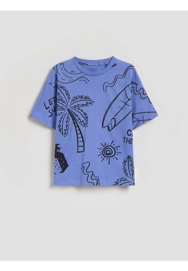 Reserved - Bawełniany t-shirt z nadrukiem - fioletowy. Kolor: fioletowy. Materiał: bawełna. Wzór: nadruk