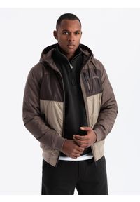 Ombre Clothing - Lekka kolorowa męska sportowa kurtka z polarem – beżowo-ciemnobrązowa V19 - Rozmiar: XL. Typ kołnierza: kołnierzyk stójkowy. Kolor: beżowy. Materiał: polar. Wzór: kolorowy. Styl: sportowy