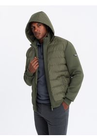 Ombre Clothing - Pikowana męska kurtka bomberka z wysokim kołnierzem – ciemnooliwkowa V3 - Rozmiar: S. Typ kołnierza: kołnierzyk stójkowy. Kolor: oliwkowy. Materiał: guma, syntetyk, poliester, materiał. Wzór: aplikacja. Styl: sportowy #8