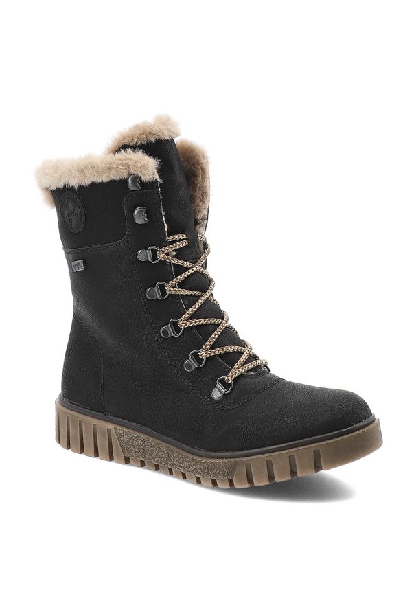 Czarne Botki Rieker Ocieplane Obuwie Damskie. Zapięcie: sznurówki. Kolor: czarny. Materiał: materiał. Sezon: zima. Styl: elegancki
