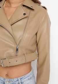 Born2be - Beżowa Kurtka Ramoneska z Asymetrycznym Suwakiem Inika. Kolor: beżowy. Materiał: jeans. Styl: elegancki #7