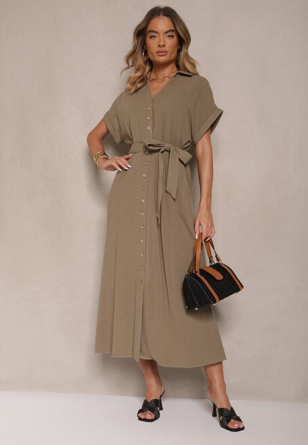 Renee - Ciemnozielona Sukienka z Wiskozy i Lnu o Koszulowym Kroju z Paskiem Efralissea. Okazja: na co dzień. Kolor: zielony. Materiał: len, wiskoza. Typ sukienki: koszulowe. Styl: casual, elegancki