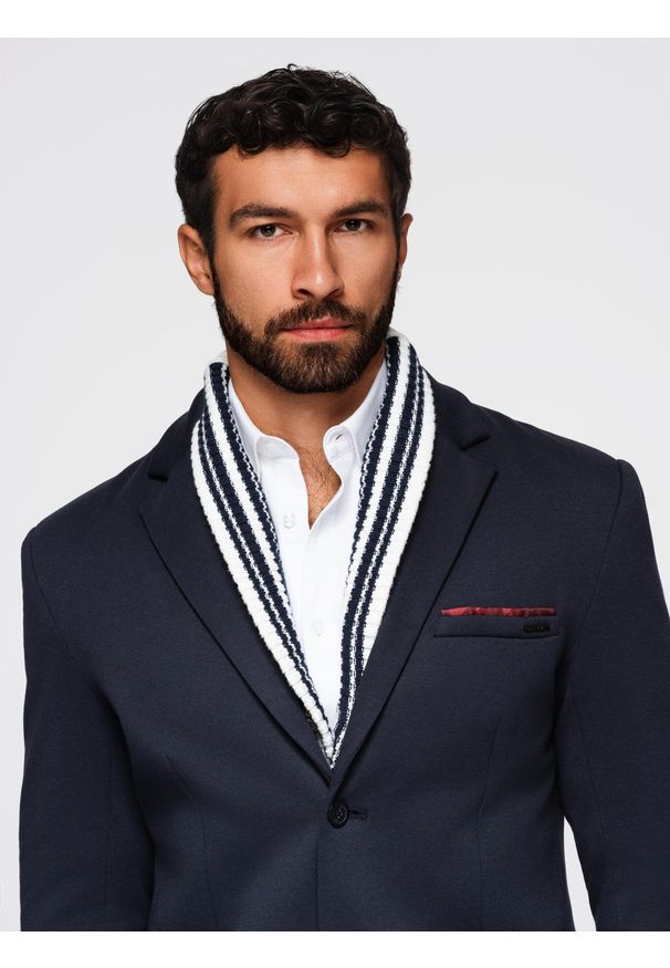 Ombre Clothing - Dzianinowa marynarka męska o dopasowany kroju - granatowa V3 - Rozmiar: XXL. Okazja: na spotkanie biznesowe, do pracy, na co dzień. Kolor: niebieski. Materiał: dzianina. Styl: klasyczny, biznesowy, casual, elegancki