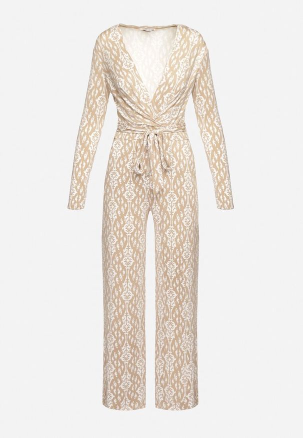 Born2be - Beżowy Wzorzysty Kombinezon z Kopertowym Dekoltem i Paskiem w Talii Caerwina. Kolor: beżowy. Sezon: lato