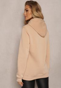 Renee - Beżowa Bluza Wykończona Polarem z Nadrukiem i Kapturem Nimba. Kolor: beżowy. Materiał: polar. Wzór: nadruk