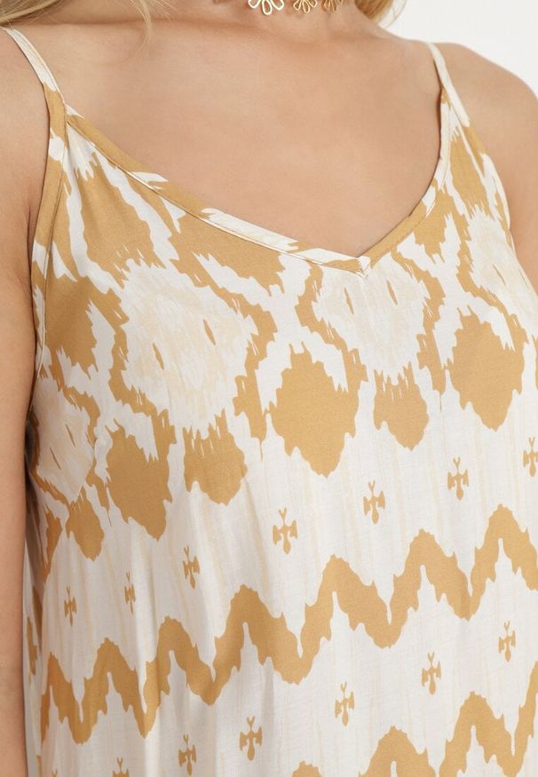 Born2be - Beżowa Wiskozowa Sukienka na Regulowanych Ramiączkach o Geometrycznym Wzorze Vididia. Okazja: na plażę, na co dzień. Kolor: beżowy. Materiał: wiskoza. Długość rękawa: na ramiączkach. Wzór: geometria. Styl: casual, wakacyjny, klasyczny