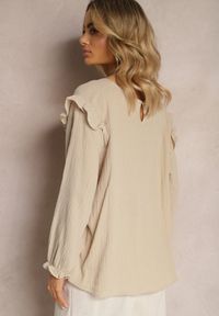 Renee - Beżowa Bawełniana Bluzka z Trójkątnym Dekoltem i Ozdobną Falbanką Redsta. Kolor: beżowy. Materiał: bawełna. Styl: elegancki #5