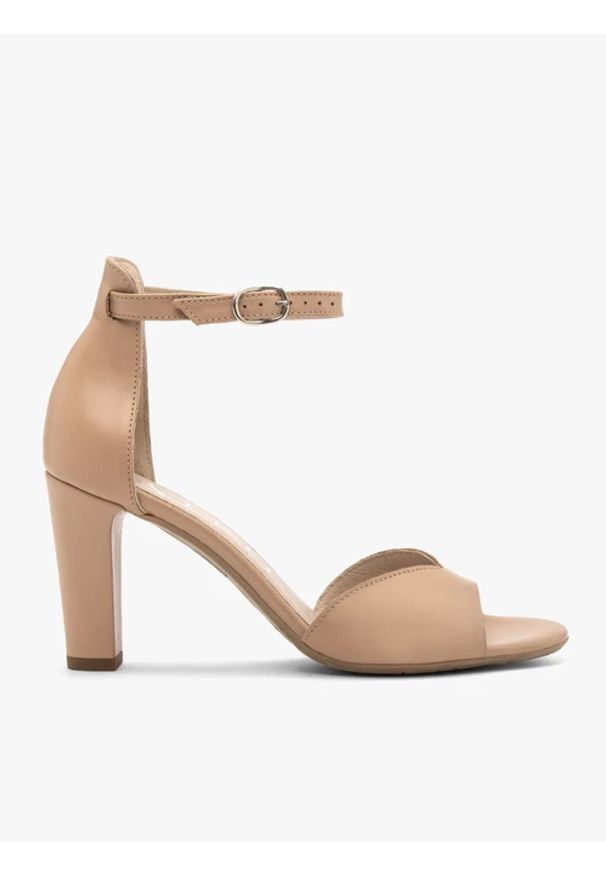 Ryłko - Beżowe sandały damskie na słupku. Nosek buta: okrągły. Zapięcie: sprzączka. Kolor: beżowy. Materiał: skóra. Obcas: na słupku. Styl: street, elegancki. Wysokość obcasa: średni