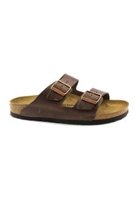 Klapki unisex Birkenstock Arizona. Zapięcie: bez zapięcia. Kolor: brązowy. Materiał: skóra, syntetyk, materiał. Szerokość cholewki: normalna. Sport: turystyka piesza
