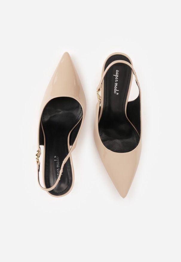 Renee - Beżowe Sandały Slingback na Szpilce z Lakierowanym Połyskiem i Aplikacją Phisvienne. Kolor: beżowy. Materiał: lakier. Wzór: aplikacja. Obcas: na szpilce. Styl: elegancki