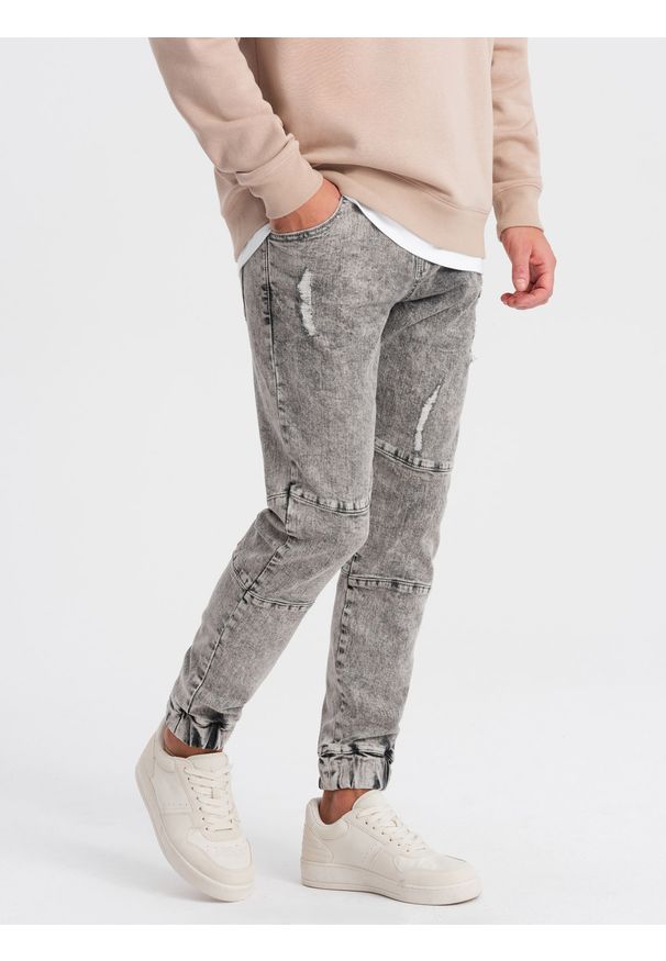 Ombre Clothing - Spodnie męskie marmurkowe JOGGERY z przetarciami - szare V3 - Rozmiar: XL. Kolor: szary. Materiał: guma, elastan, bawełna