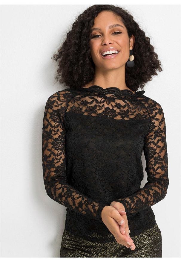 bonprix - Koronkowa bluzka z długim rękawem. Kolor: czarny. Materiał: koronka. Długość rękawa: długi rękaw. Długość: długie