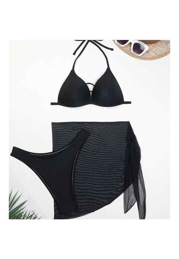 Intica - Bikini z pareo na plażę i basen Gretta. Kolor: czarny. Materiał: materiał. Wzór: gładki
