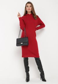 Born2be - Bordowa Wełniana Sukienka z Kapturem w Prążki Tyrwe. Okazja: na co dzień. Typ kołnierza: kaptur. Kolor: czerwony. Materiał: wełna. Długość rękawa: długi rękaw. Wzór: prążki. Typ sukienki: proste. Styl: klasyczny, casual, elegancki #4