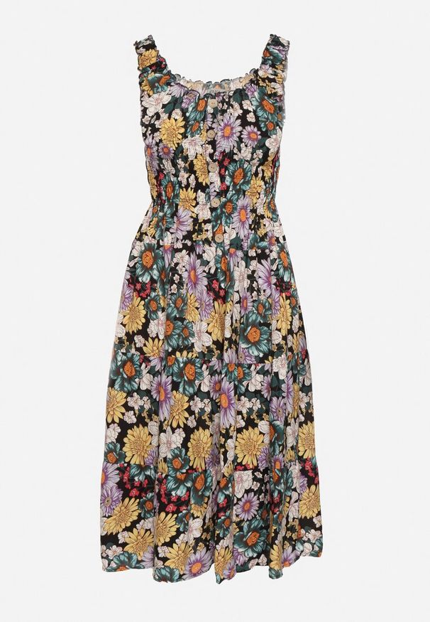 Born2be - Czarno-Żółta Sukienka w Kwiaty na Ramiączkach z Gumką w Talii i Falbankami Ozdobiona Guzikami Zilvia. Okazja: na spacer. Typ kołnierza: kołnierz z falbankami. Kolor: czarny. Materiał: tkanina. Długość rękawa: na ramiączkach. Wzór: aplikacja, kwiaty. Sezon: lato. Styl: elegancki