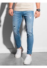 Ombre Clothing - Spodnie męskie jeansowe z dziurami SKINNY FIT P938 - niebieskie - L. Kolor: niebieski. Materiał: jeans. Styl: klasyczny