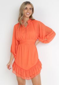 Born2be - Pomarańczowa Taliowana Sukienka Mini z Rękawami 3/4 i Falbanką Serafilla. Kolor: pomarańczowy. Materiał: tkanina. Sezon: wiosna, lato. Długość: mini #4