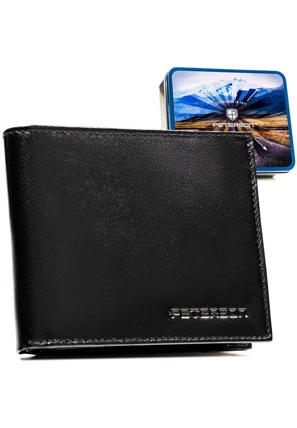 Portfel męski ze skóry naturalnej w czarnym kolorze wyposażony w system RFID, w zestawie z brelokiem - Peterson. Kolor: czarny. Materiał: skóra