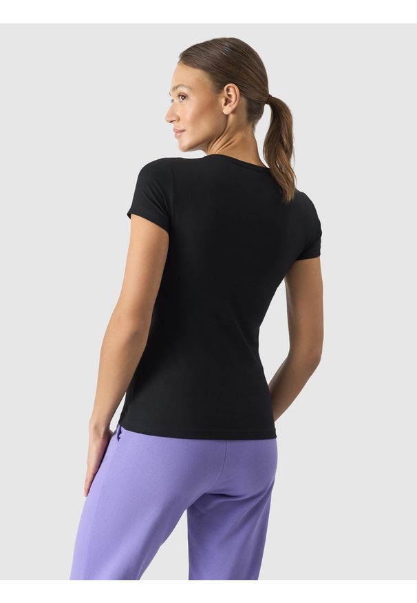 4f - 4F T-shirt slim gładki damski - czarny XS. Okazja: na co dzień. Kolor: czarny. Materiał: jersey, materiał, bawełna, elastan, dzianina. Wzór: gładki. Styl: sportowy, casual