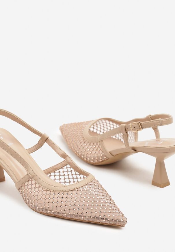 Renee - Beżowe Sandały na Kaczuszce Slingback z Siateczkową Cholewką i Cyrkoniami Velionna. Zapięcie: sprzączka. Kolor: beżowy. Obcas: na szpilce. Wysokość obcasa: średni