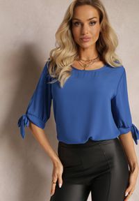 Renee - Granatowa Bluzka z Wiązaniami na Rękawach 3/4 Fildreda. Kolor: niebieski #1