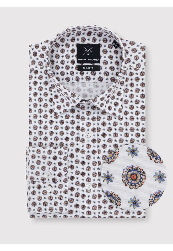 Pako Lorente - PAKO LORENTE – Biała koszula w wyrazisty wzór P23WF-1X-017-B-S. Kolor: biały. Materiał: elastan, bawełna, jeans. Wzór: nadruk, kolorowy