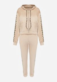 Renee - Beżowy Welurowy Komplet Dresowy Ozdobiony Lampasami w Cętki Anilwo. Kolor: beżowy. Materiał: welur, dresówka. Wzór: aplikacja #5