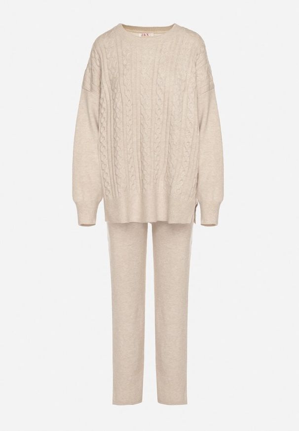 Born2be - Jasnobeżowy Komplet Dzianinowy z Bawełną i Wełną Spodnie i Warkoczowy Sweter Errela. Kolor: beżowy. Materiał: dzianina, wełna, bawełna