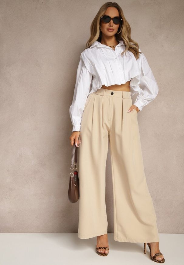 Renee - Beżowe Szerokie Spodnie High Waist o Garniturowym Kroju z Zakładkami Uliadorea. Okazja: na co dzień. Stan: podwyższony. Kolor: beżowy. Styl: klasyczny, elegancki, casual