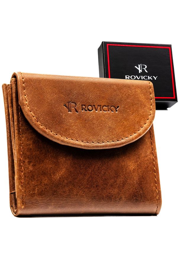 ROVICKY - Mały i cienki, skórzany portfel męski w brązowym kolorze zamykany zatrzaskiem - Rovicky. Kolor: brązowy. Materiał: skóra