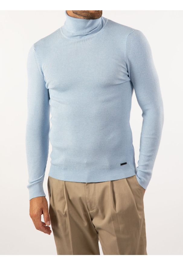 Takeshy Kurosawa Sweter | 83058 | Dolcevita Costina Lana | Mężczyzna | Niebieski. Typ kołnierza: golf. Kolor: niebieski. Materiał: wełna, poliamid, wiskoza, kaszmir. Wzór: aplikacja, ze splotem