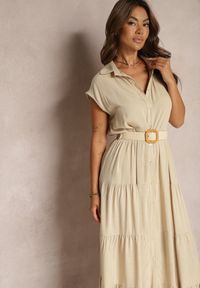 Renee - Beżowa Taliowana Sukienka z Wiskozy o Rozkloszowanym Koszulowym Kroju Nemvia. Okazja: na co dzień. Kolor: beżowy. Materiał: wiskoza. Typ sukienki: koszulowe. Styl: casual #4