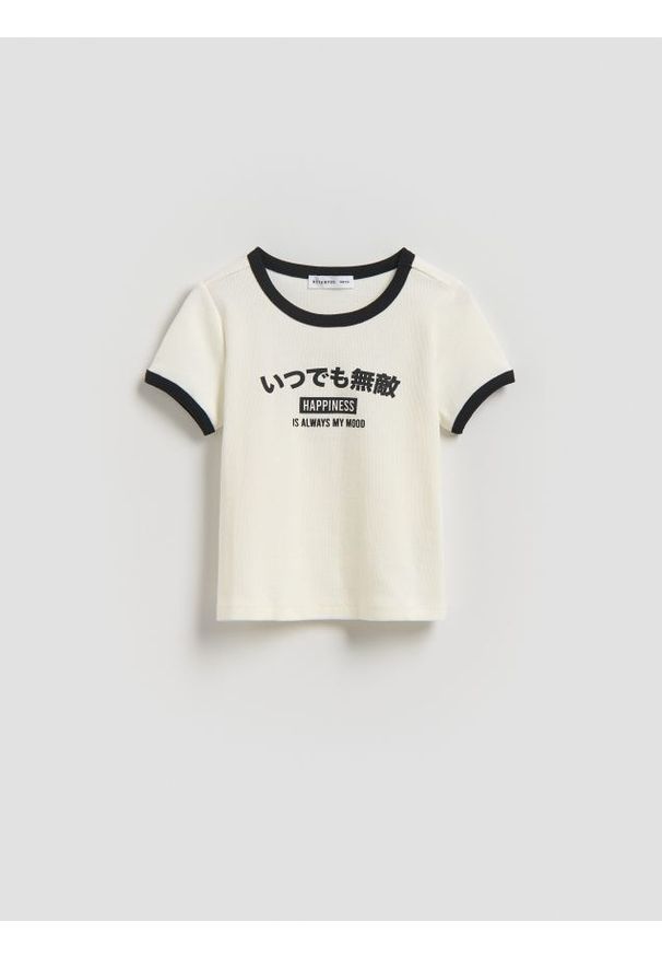 Reserved - Bawełniany t-shirt z nadrukiem - złamana biel. Materiał: bawełna. Wzór: nadruk