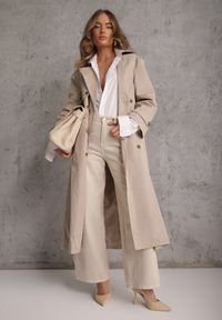 Renee - Beżowy Płaszcz Trencz z Bawełny i Wiskozy z Wiązanym Paskiem i Klapą Lissien. Kolor: beżowy. Materiał: wiskoza, bawełna #7