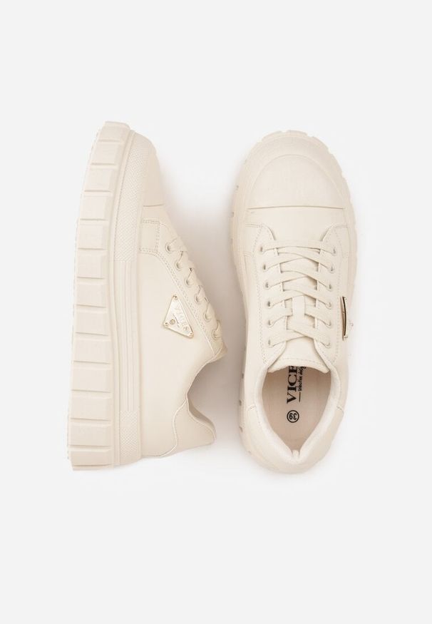 Renee - Beżowe Sneakersy VICES na Tłoczonej Podeszwie w Stylu Chunky Myninis. Okazja: na co dzień. Kolor: beżowy. Materiał: skóra, koronka. Obcas: na platformie