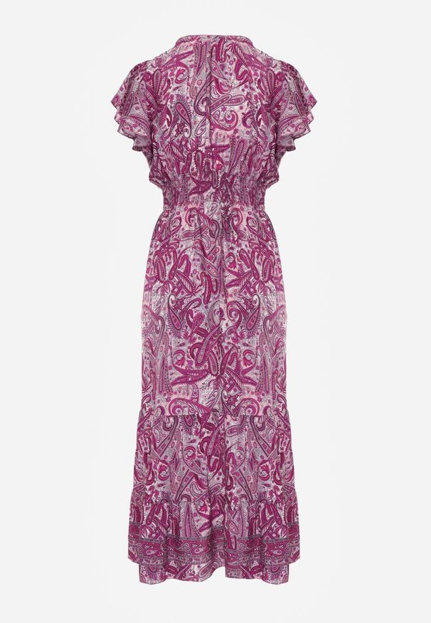 Renee - Fioletowa Bawełniana Sukienka Paisley z Kopertowym Dekoltem z Falbaną i Gumką w Talii Brionea. Okazja: na co dzień. Typ kołnierza: dekolt kopertowy. Kolor: fioletowy. Materiał: bawełna. Długość rękawa: krótki rękaw. Wzór: paisley. Typ sukienki: kopertowe. Styl: casual, elegancki