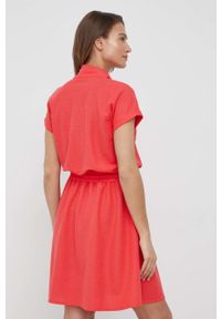 Emporio Armani sukienka kolor czerwony mini rozkloszowana. Kolor: czerwony. Materiał: tkanina. Długość rękawa: krótki rękaw. Wzór: gładki. Typ sukienki: rozkloszowane. Długość: mini #2